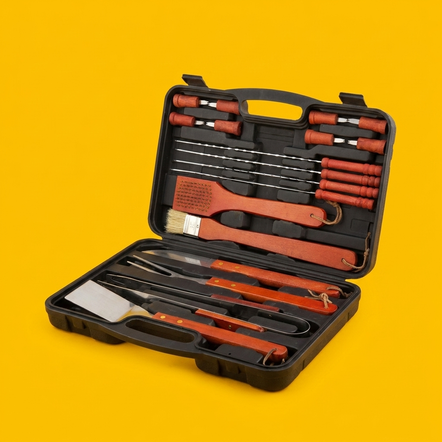 Kit Ustensiles Barbecue 18 Pieces - Malette ouverte vue 3/4