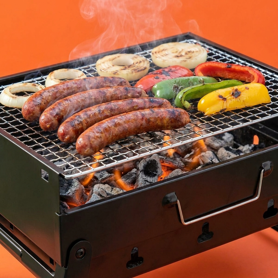 Barbecue Pliable Portatif - Lifestyle merguez oignons poivrons, fond orange